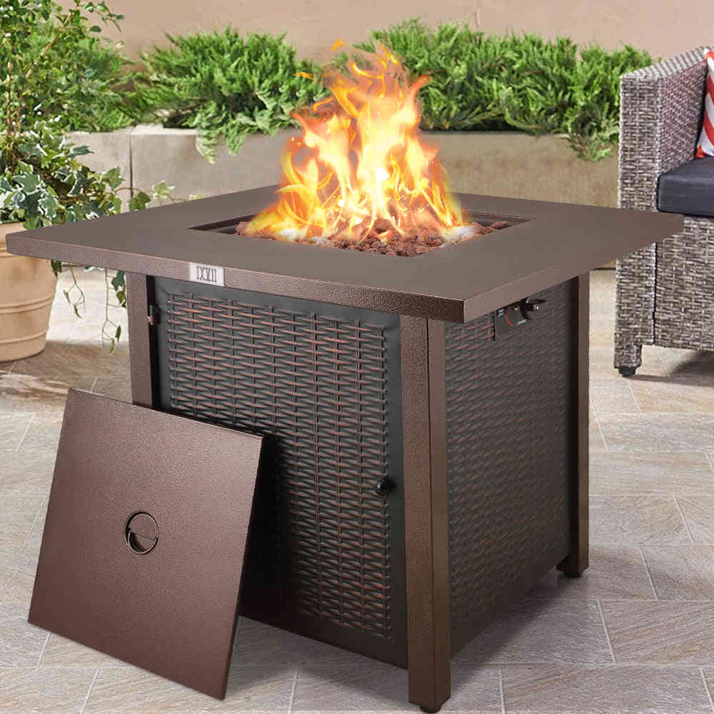 SEGMART 28-Inch 40,000 BTU Outdoor Propane Fire Pit Table with Lid and Lava Rocks, Bronze
