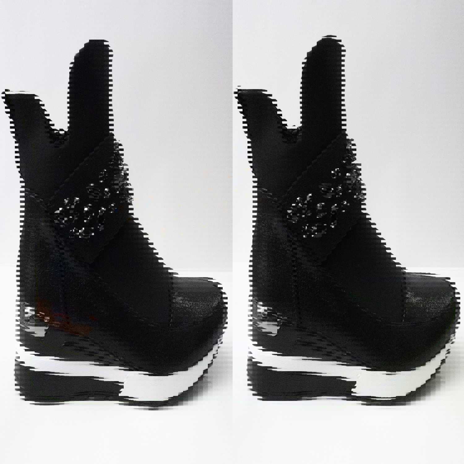 Black Sneaker Boots with Floral Crystal Embellishments