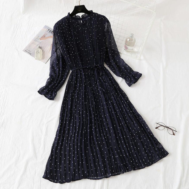Elegant Polka Dot Women Dress - Vintage A-Line Chiffon Dress with Flare Sleeves