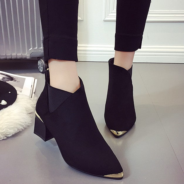 Women's PU Leather Square-Heeled Ankle Boots with Metal Decorations for Autumn/Winter
