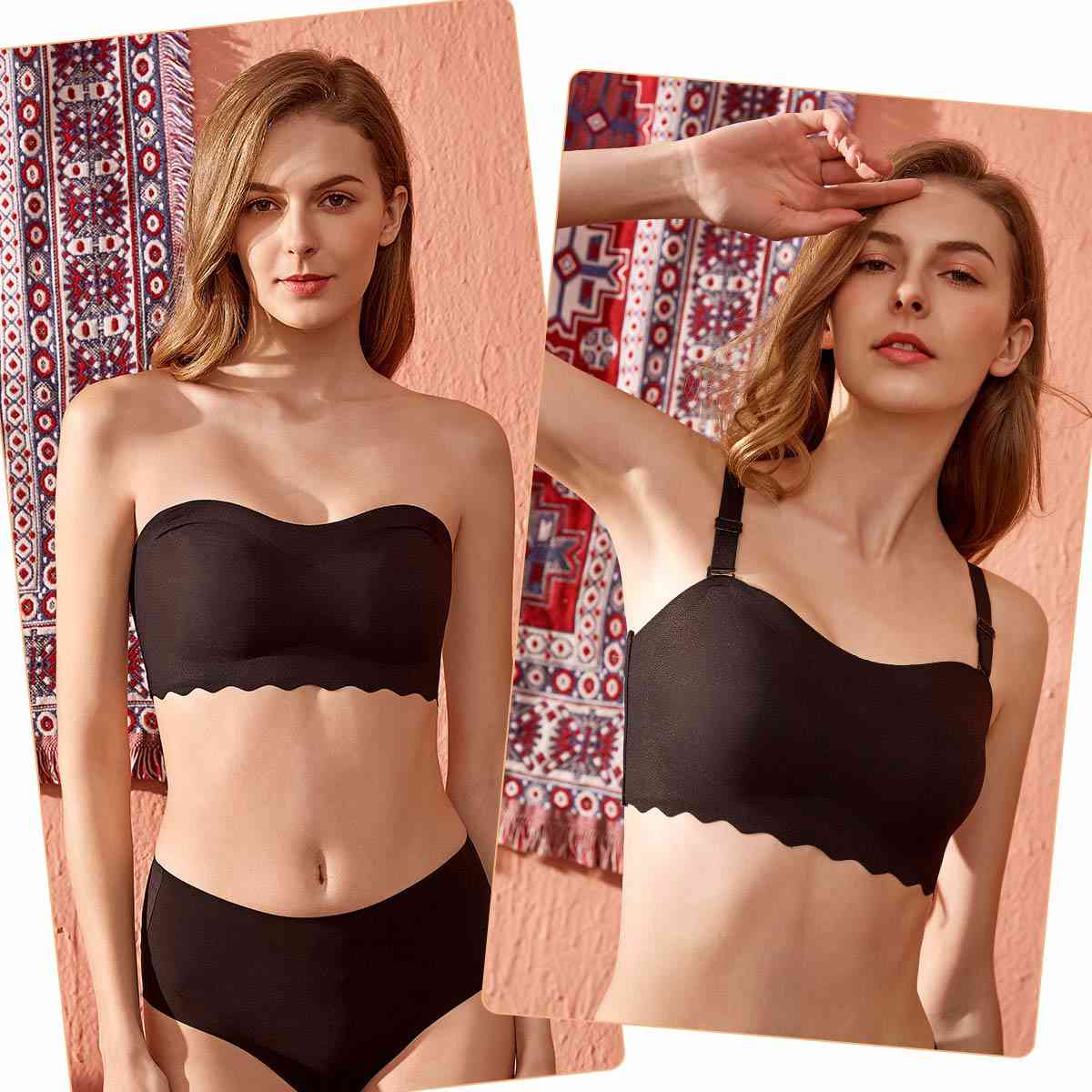 Bettybra® Women's Push Up Bandeau Bra - Convertible Strapless No Wire Lift Up Bra (BUY ONE GET ONE FREE) - BLACK+BEIGE