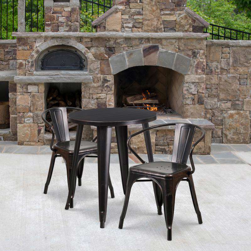 Flash Furniture Napoleon Commercial Grade 24 Round Black-Antique Gold Metal Indoor-Outdoor Table Set with 2 Arm Chairs