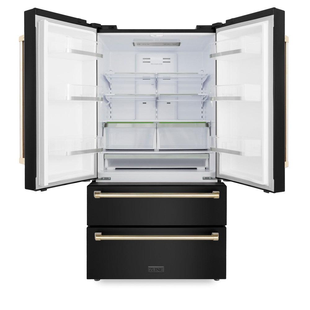 ZLINE Autograph Edition 36 in. French Door Refrigerator with Ice Maker - Fingerprint Resistant Black Stainless Steel & Polished Gold Accents