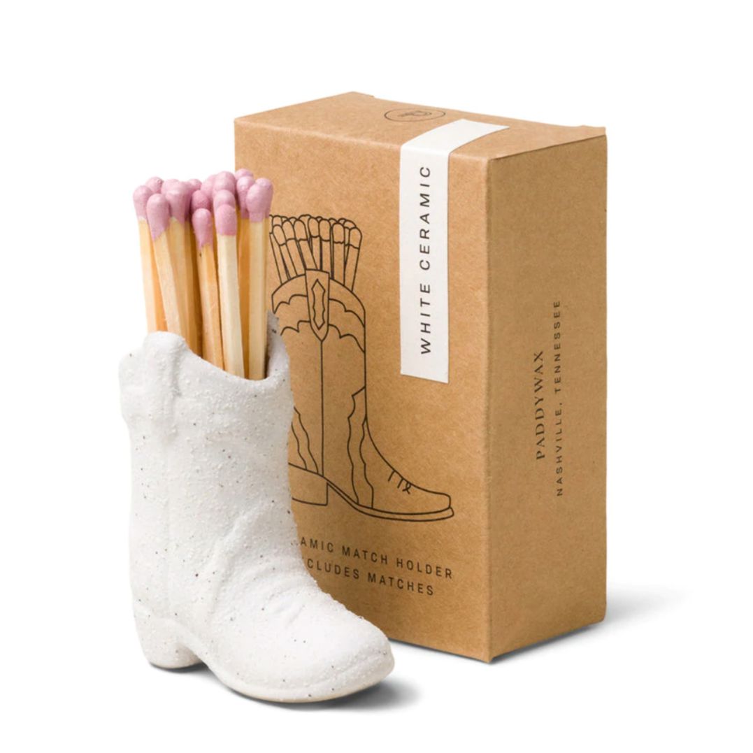 Ceramic Cowboy Boot Match Holder - White with Colorful Safety Matches