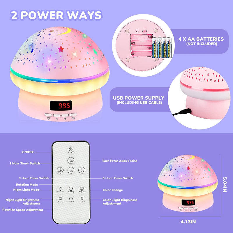 Timer Rotation Star Night Light Projector for Kids, 16 Colors, Auto Shut-off