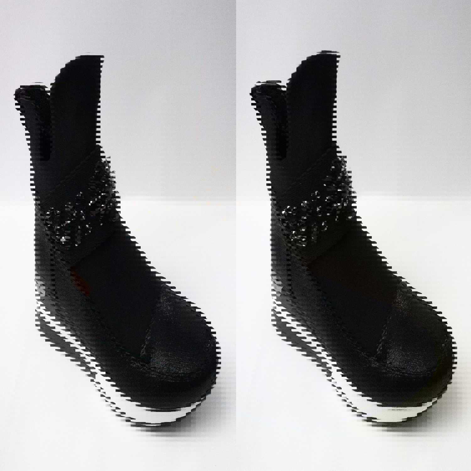 Black Sneaker Boots with Floral Crystal Embellishments