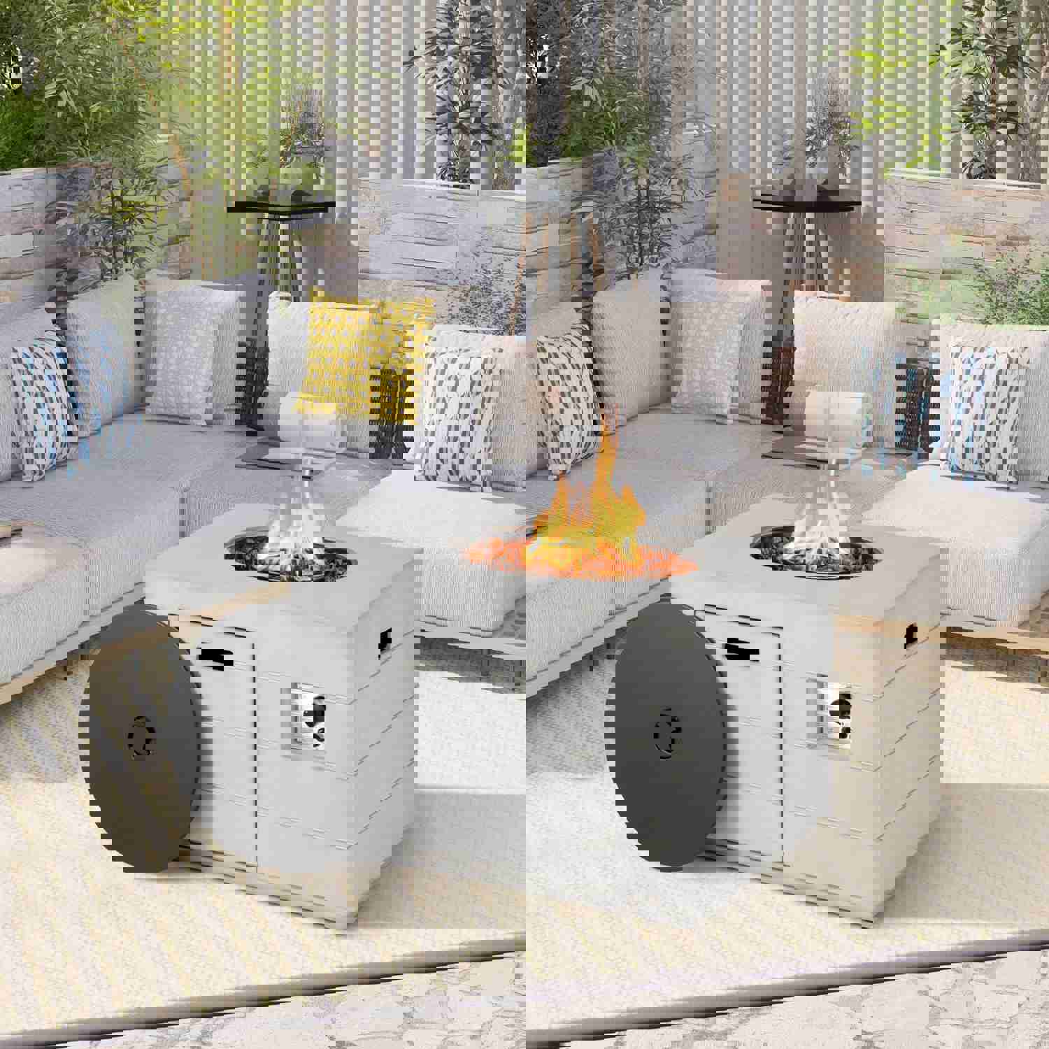 Tangkula 35 Inch Concrete Propane Gas Fire Pit Table with Protective Cover