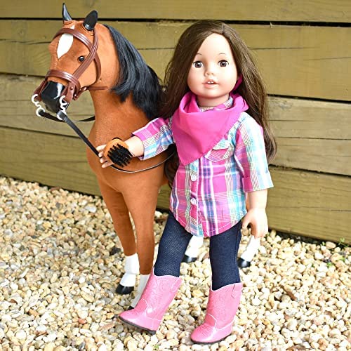 Sophias Plaid Button Up Blouse, Denim Jeggings with Pockets, Pink Bandana, and Pink Cowgirl Boots Outfit 4 Piece Set for 18 Dolls
