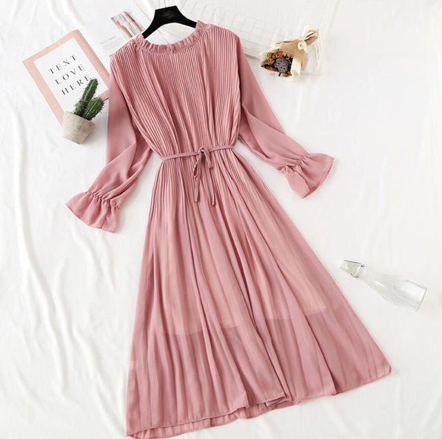 Elegant Polka Dot Women Dress - Vintage A-Line Chiffon Dress with Flare Sleeves