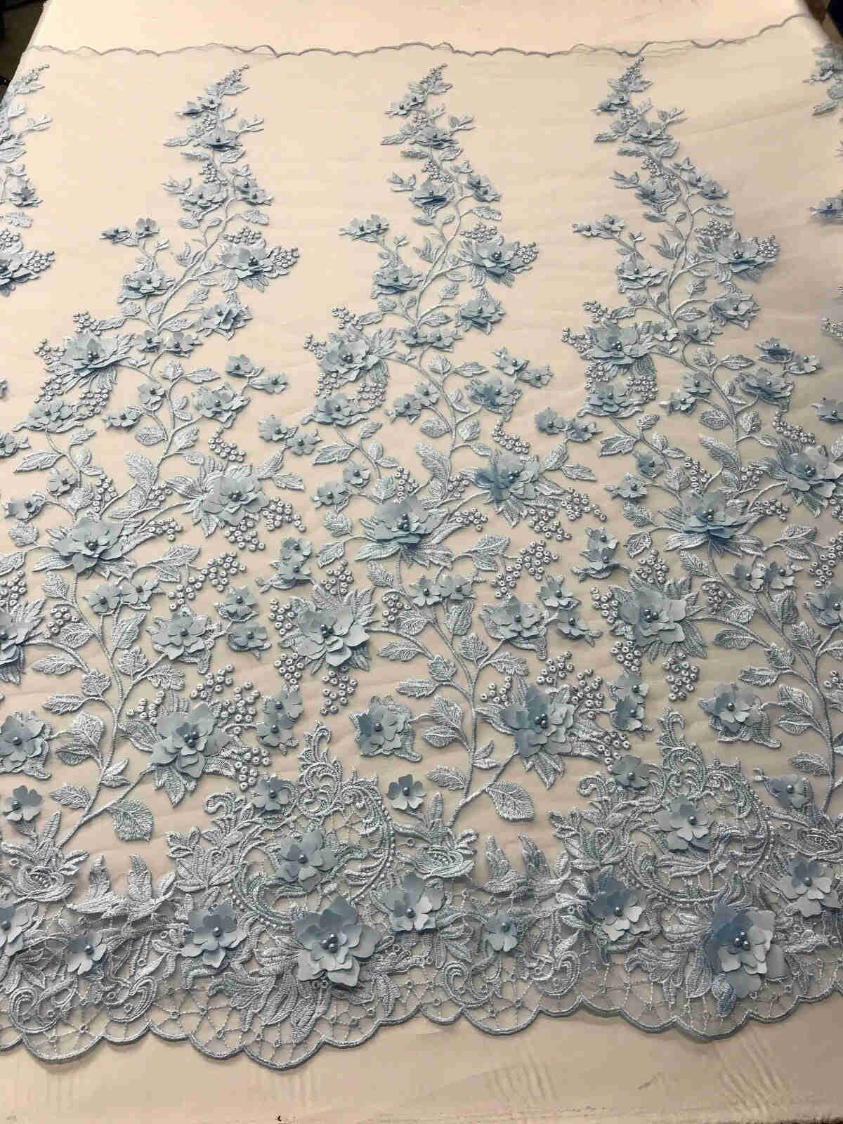 Baby Blue 3D Floral Embroidered Mesh Lace with Pearls for Prom Dresses and Nightgowns