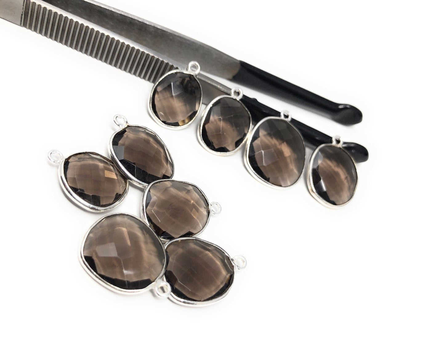 5Pcs Smokey Quartz Charms, Sterling Silver Gemstone Charms for DIY Jewelry Making