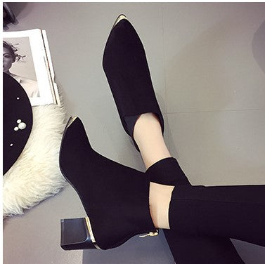 Women's PU Leather Square-Heeled Ankle Boots with Metal Decorations for Autumn/Winter