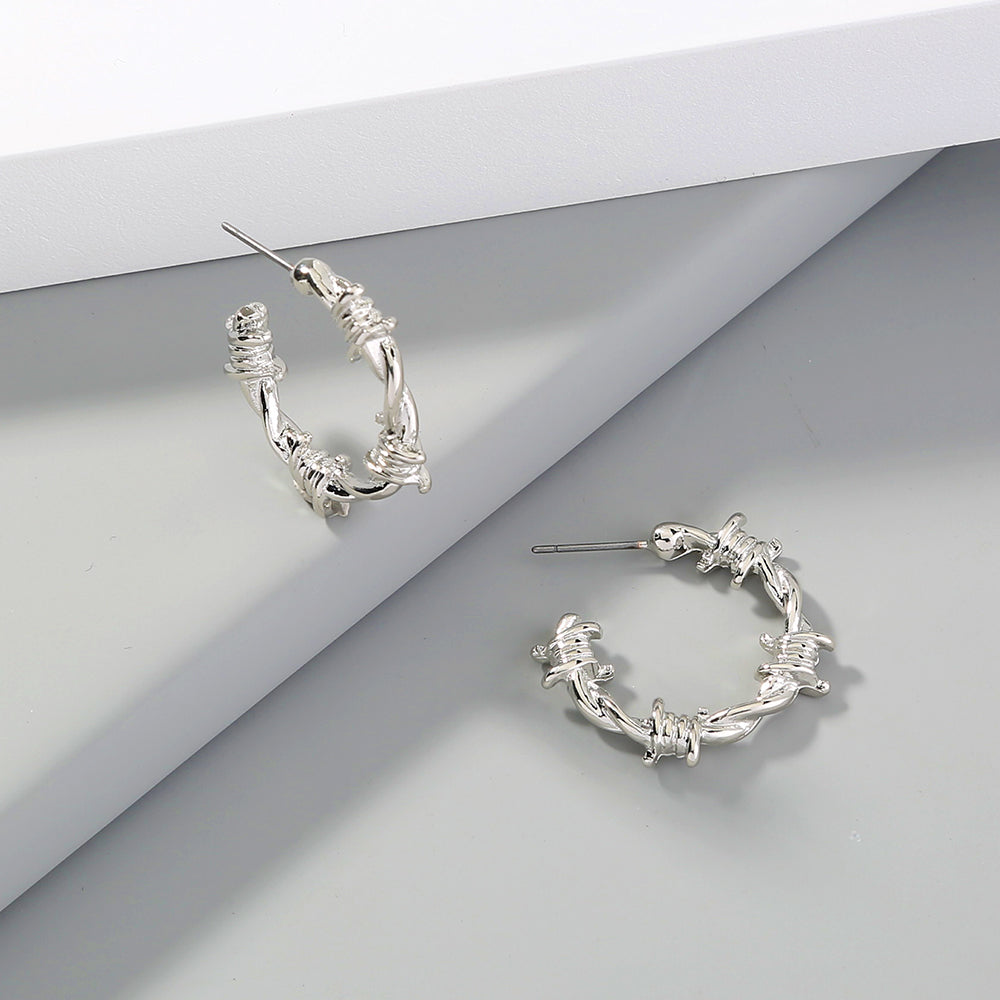 European and American Fashion Street Trend Cold Wind Metal Texture Knotted Thorn C-Shaped Earrings