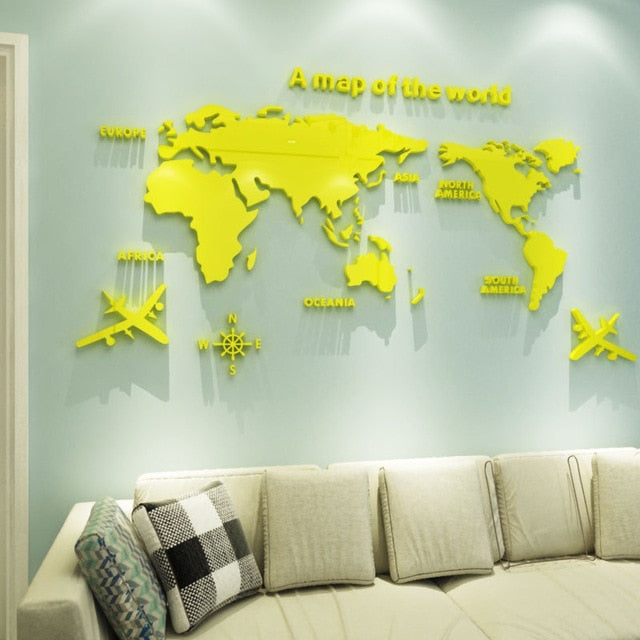 Creative World Map Acrylic 3D Wall Sticker for Living Room, Bedroom, and Office Decoration