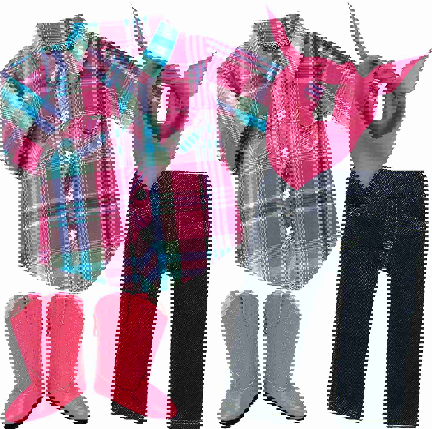 Sophias Plaid Button Up Blouse, Denim Jeggings with Pockets, Pink Bandana, and Pink Cowgirl Boots Outfit 4 Piece Set for 18 Dolls