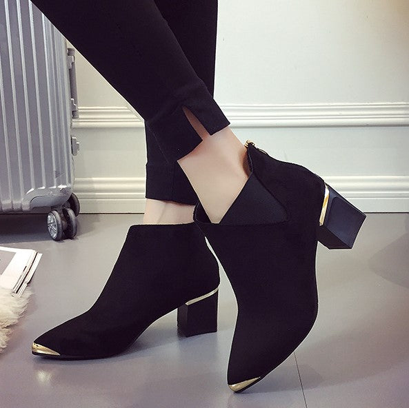 Women's PU Leather Square-Heeled Ankle Boots with Metal Decorations for Autumn/Winter