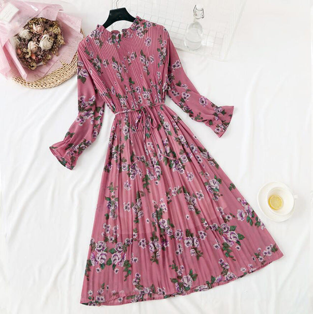 Elegant Polka Dot Women Dress - Vintage A-Line Chiffon Dress with Flare Sleeves