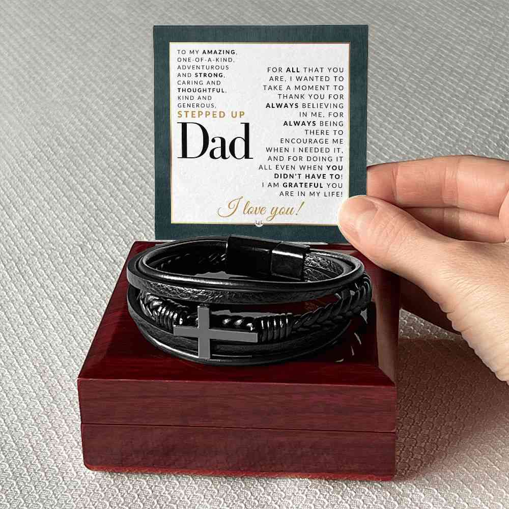 Mens Braided Leather Bracelet with Cross - Perfect Gift for Stepdad