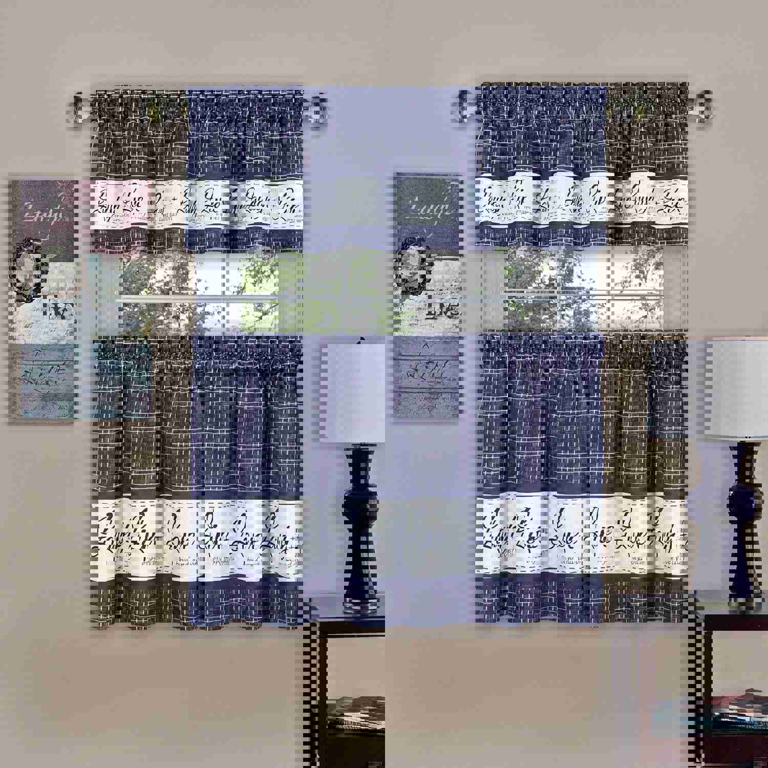 Live Laugh Love 3-Piece Kitchen Curtain Set, Blue, Tiers 58x36, Swag 58x14 Inches