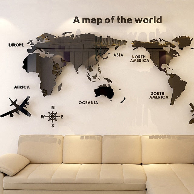 Creative World Map Acrylic 3D Wall Sticker for Living Room, Bedroom, and Office Decoration