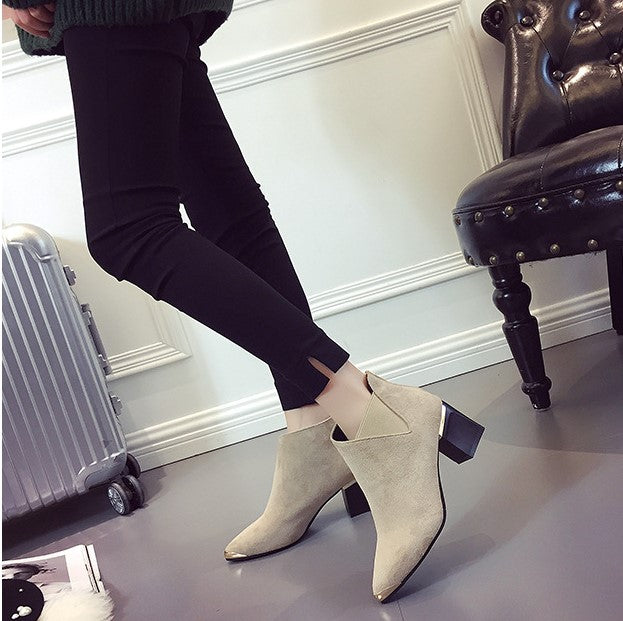 Women's PU Leather Square-Heeled Ankle Boots with Metal Decorations for Autumn/Winter
