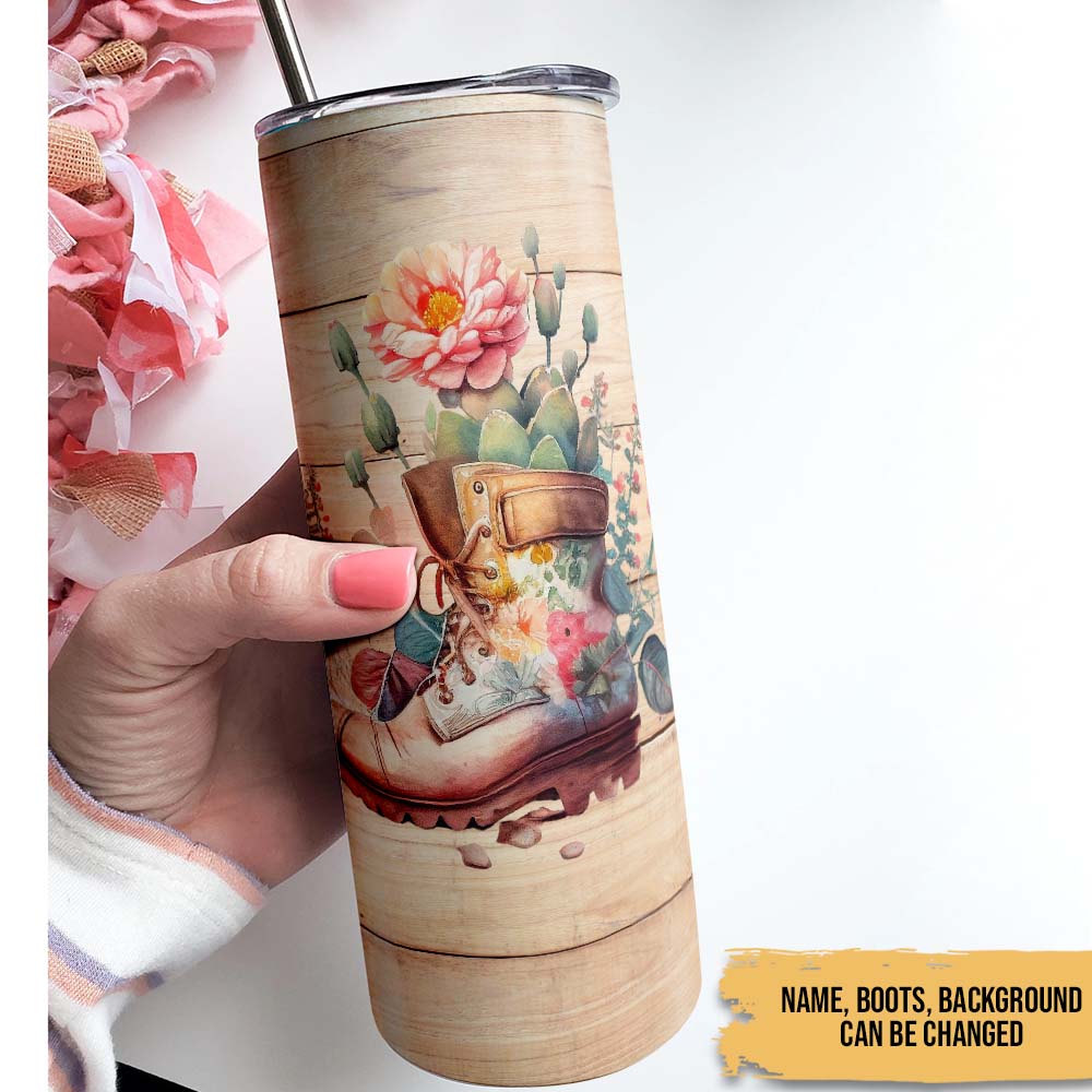 Personalized Skinny Tumbler - Flower In Boots Farmhouse Decoration - Gifts For Mom Grandma Mothers Day