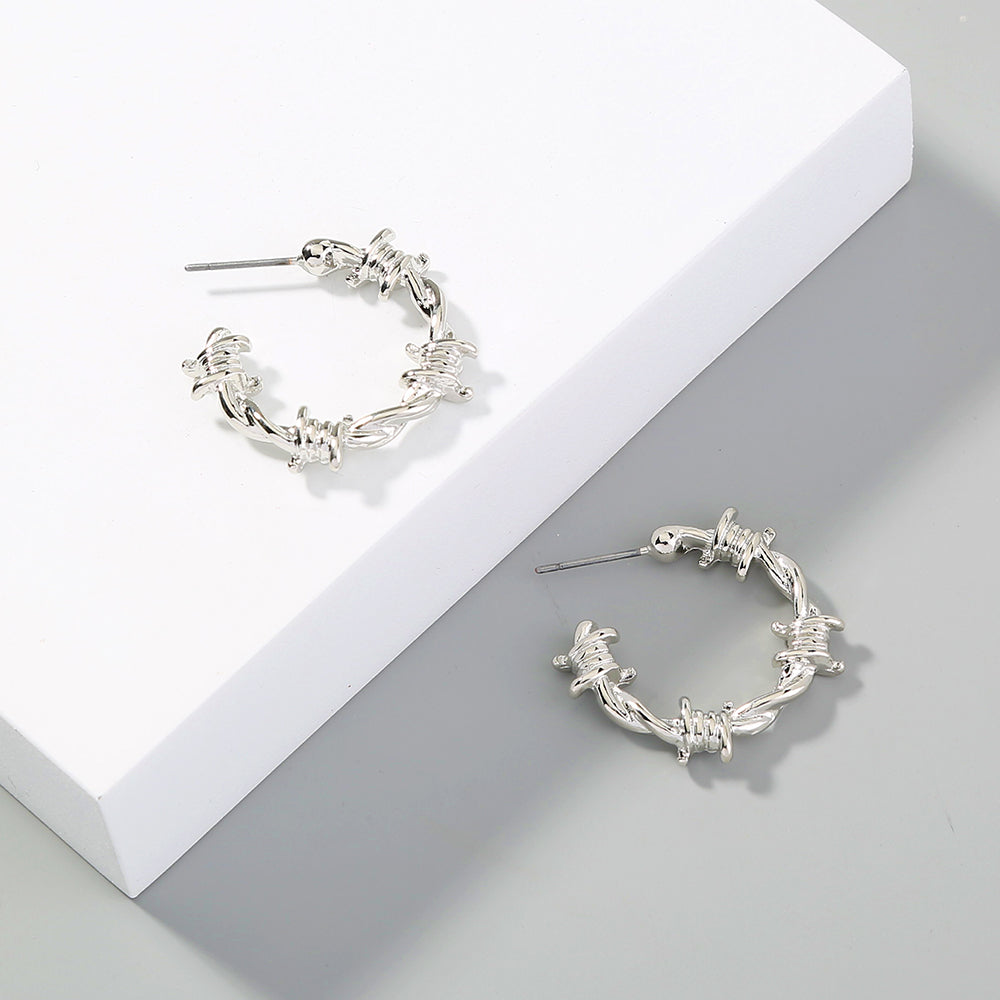 European and American Fashion Street Trend Cold Wind Metal Texture Knotted Thorn C-Shaped Earrings