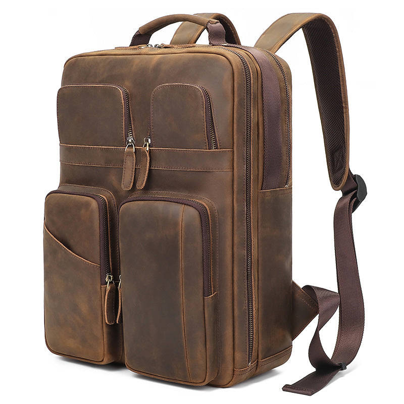 Crazy Horse Leather Backpack - Large Capacity Travel Bag for 15.6 Inch Laptop