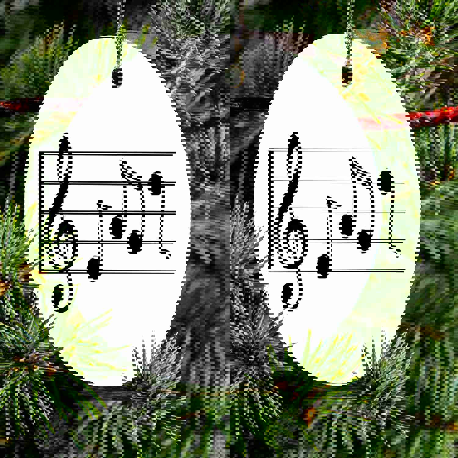 DistinctInk® Hanging Ceramic Christmas Tree Ornament with Gold String - Treble Staff Music Notes