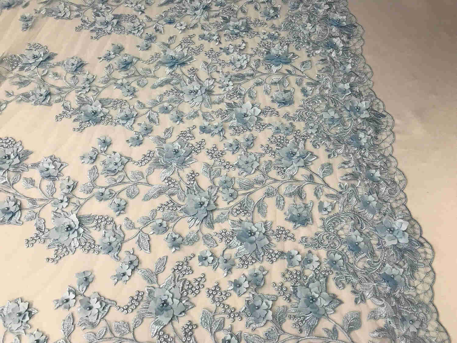 Baby Blue 3D Floral Embroidered Mesh Lace with Pearls for Prom Dresses and Nightgowns