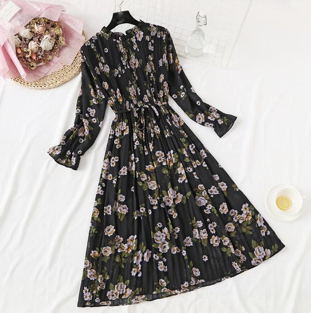 Elegant Polka Dot Women Dress - Vintage A-Line Chiffon Dress with Flare Sleeves