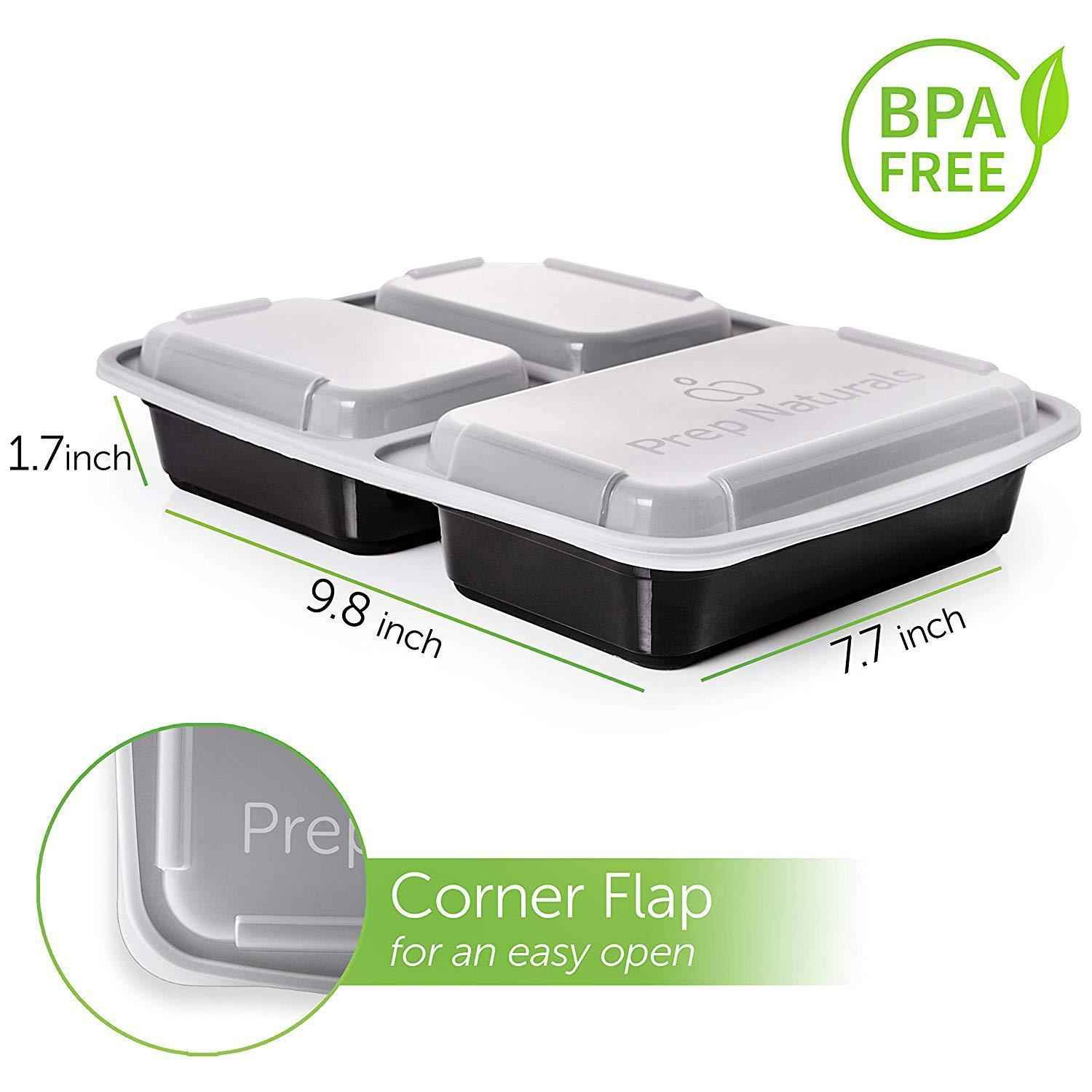 Prep Naturals Meal Prep Containers 3 Compartment [45 Pack] - BPA-Free Food Storage Containers with Lids