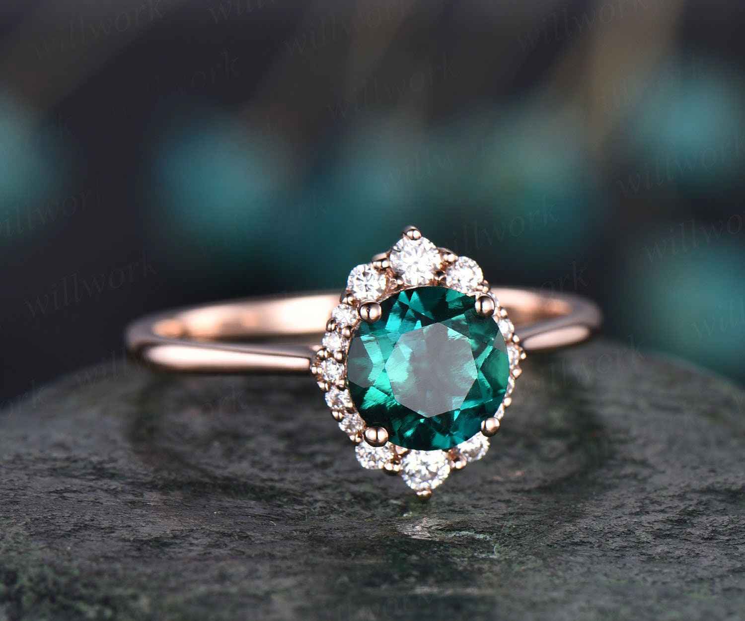 Cluster Halo Vintage Unique Engagement Ring - 14K Rose Gold Emerald & Moissanite Custom Jewelry