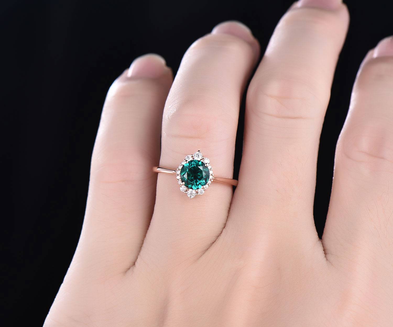 Cluster Halo Vintage Unique Engagement Ring - 14K Rose Gold Emerald & Moissanite Custom Jewelry