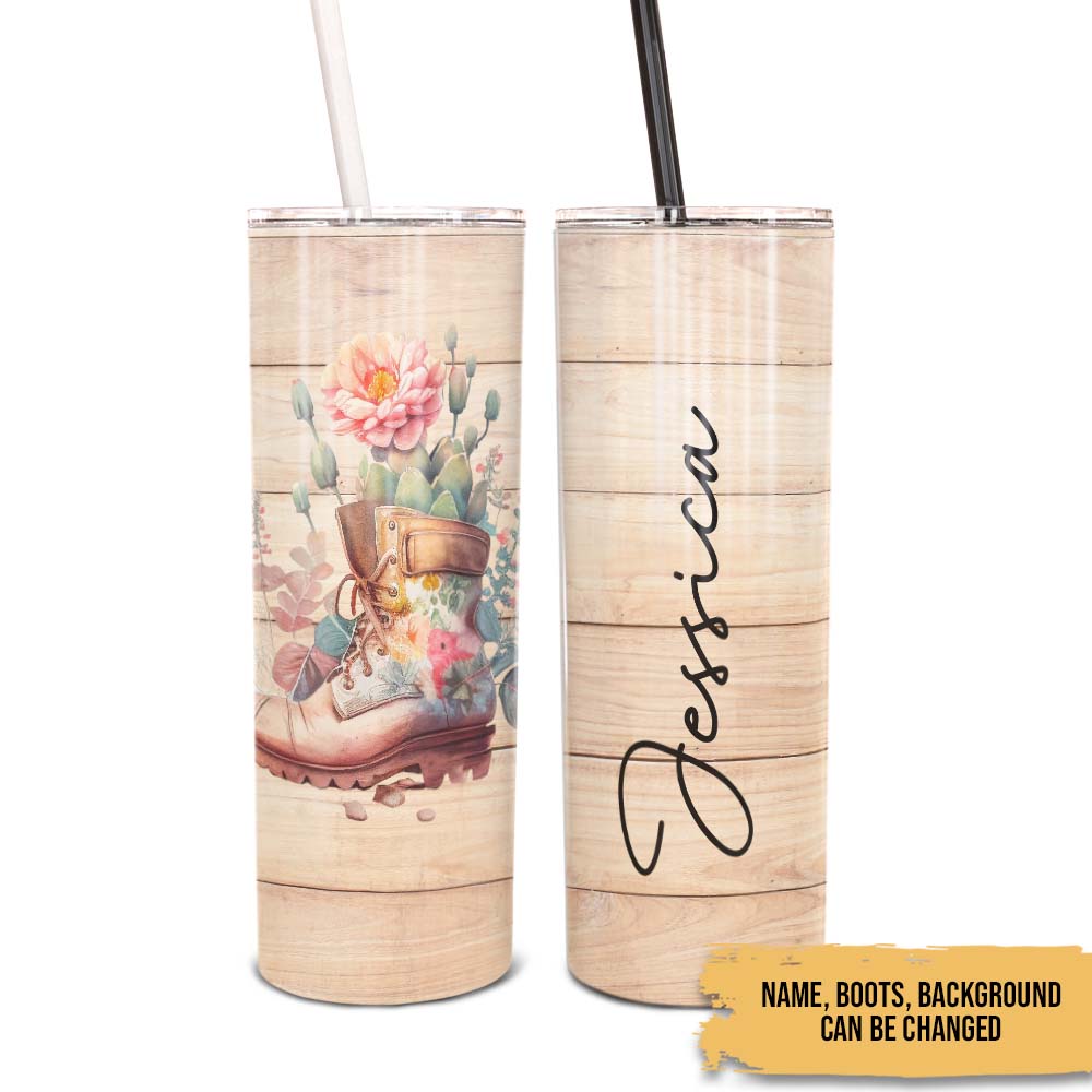Personalized Skinny Tumbler - Flower In Boots Farmhouse Decoration - Gifts For Mom Grandma Mothers Day
