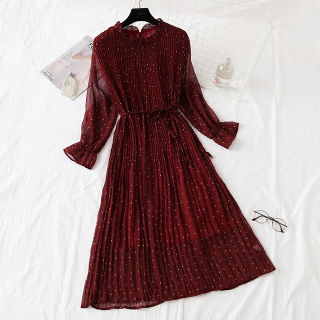 Elegant Polka Dot Women Dress - Vintage A-Line Chiffon Dress with Flare Sleeves