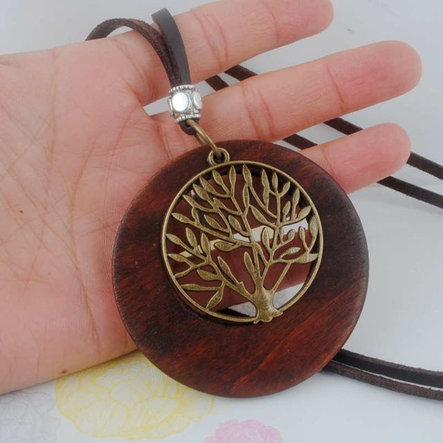 Vintage Wooden Pendant Necklace for Women - Life Tree Design