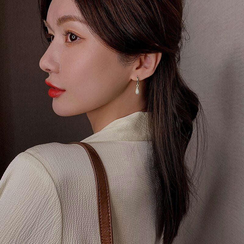 Korea Design Exquisite Copper Zircon Water Drop Pendant Earrings for Women