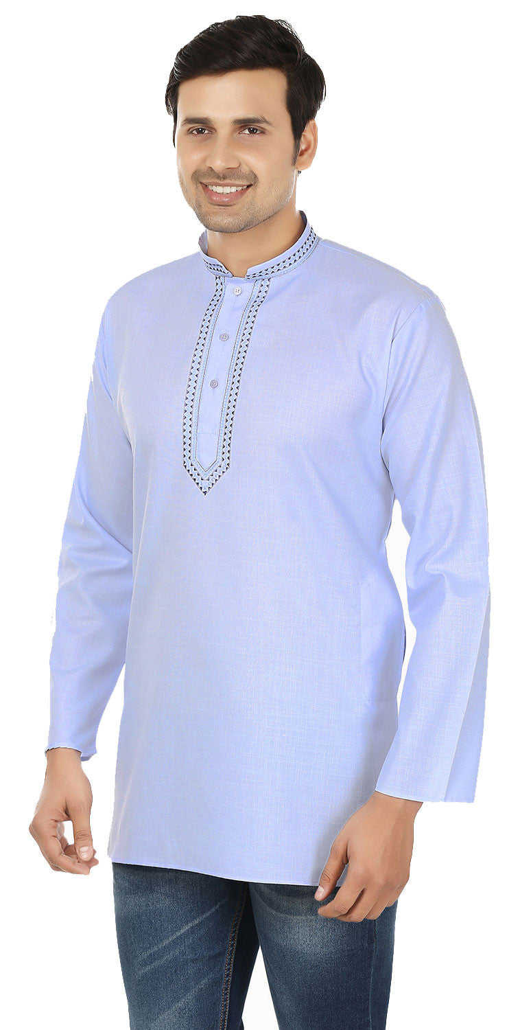 India Cotton Short Kurta Shirt for Men (Light Blue)