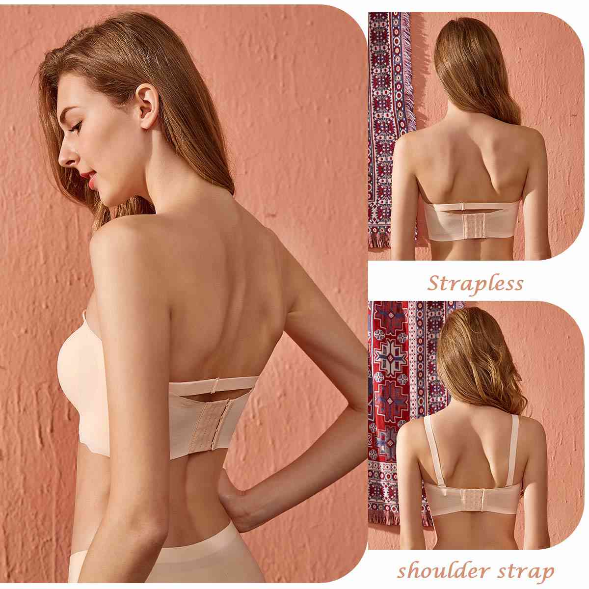 Bettybra® Women's Push Up Bandeau Bra - Convertible Strapless No Wire Lift Up Bra (BUY ONE GET ONE FREE) - BLACK+BEIGE