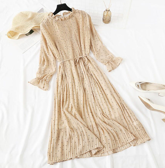 Elegant Polka Dot Women Dress - Vintage A-Line Chiffon Dress with Flare Sleeves