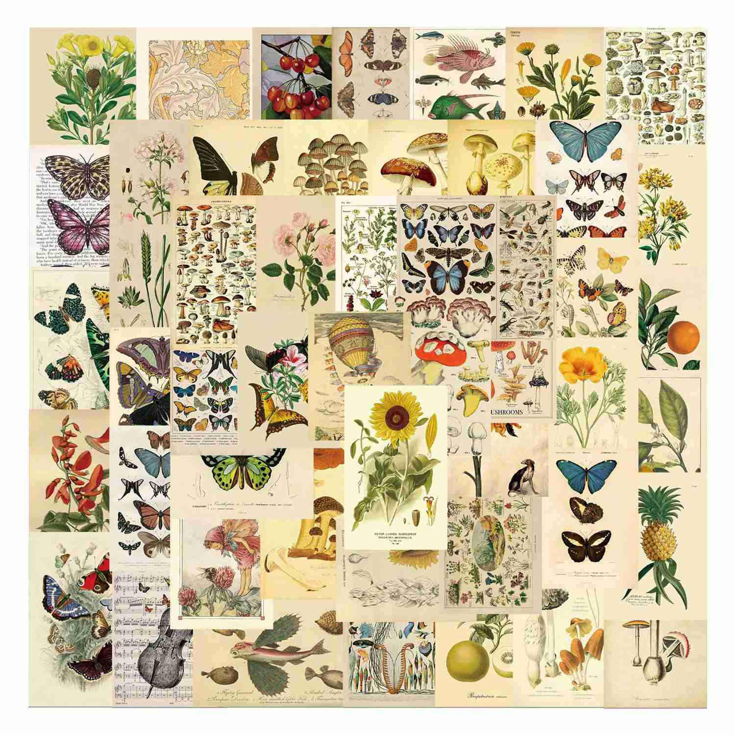 Craspire 50Pcs Retro Rectangle PVC Plastic Floral Plant Butterfly Sticker Labels - Self-adhesive Decorative Decals for Multiple Surfaces