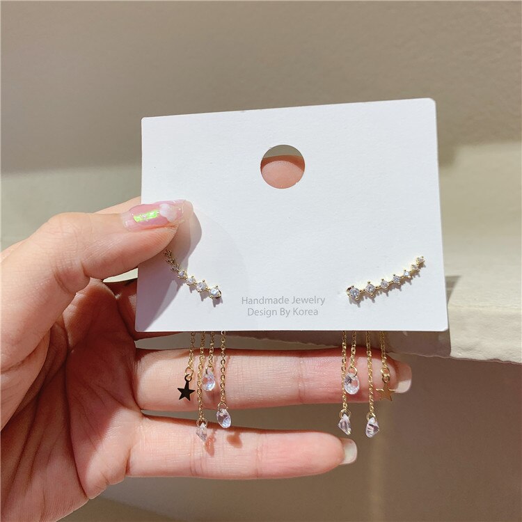 Elegant Women's Copper Inlaid Zircon Leaf Long Five-Pointed Star Tassel Earrings