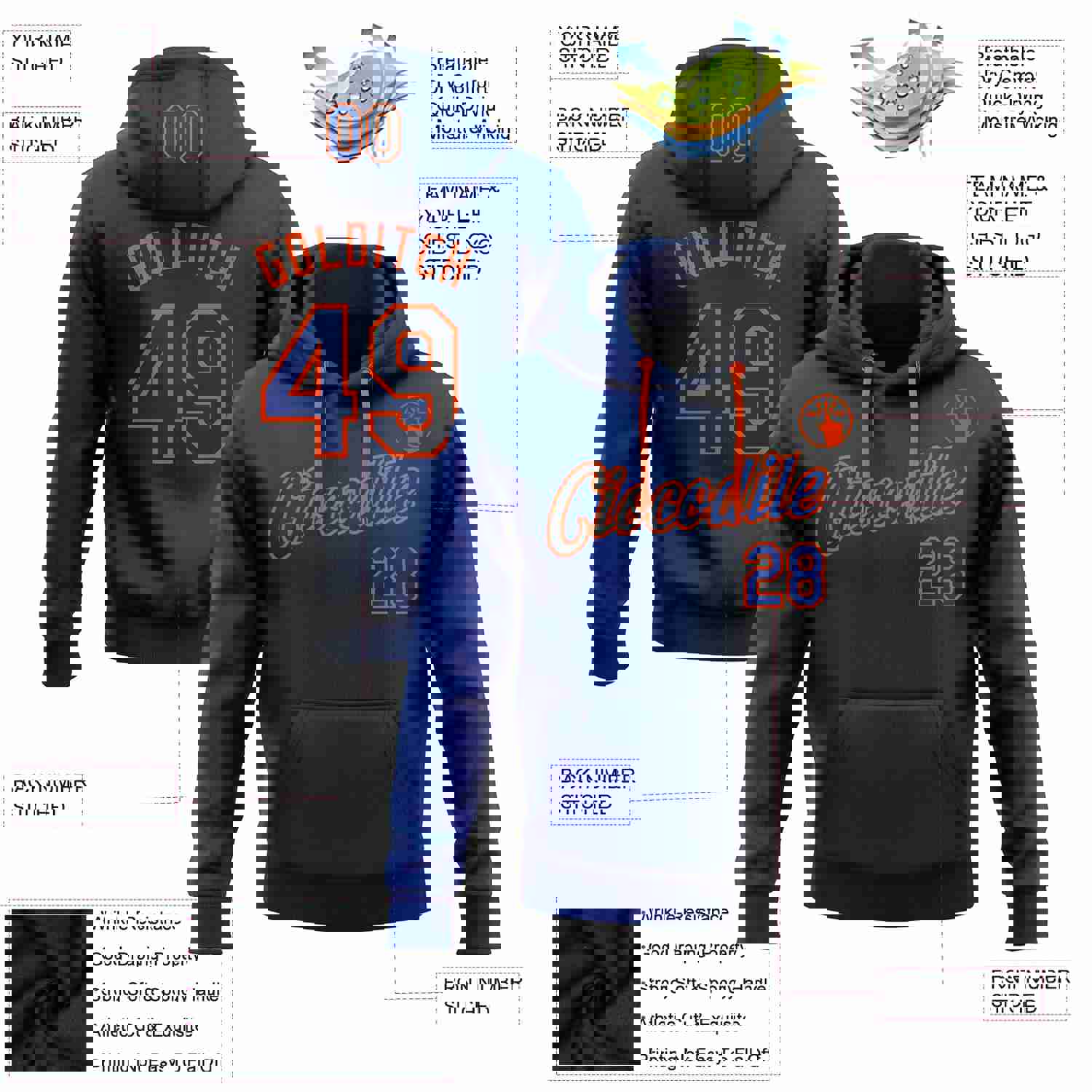 Custom Stitched Black Royal-Orange Gradient Fashion Sports Pullover Sweatshirt Hoodie