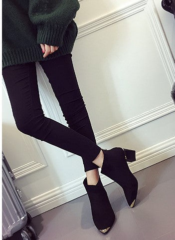 Women's PU Leather Square-Heeled Ankle Boots with Metal Decorations for Autumn/Winter