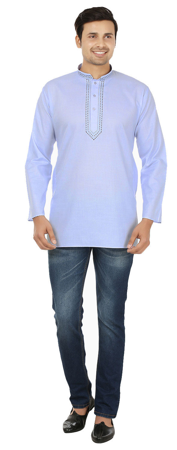 India Cotton Short Kurta Shirt for Men (Light Blue)