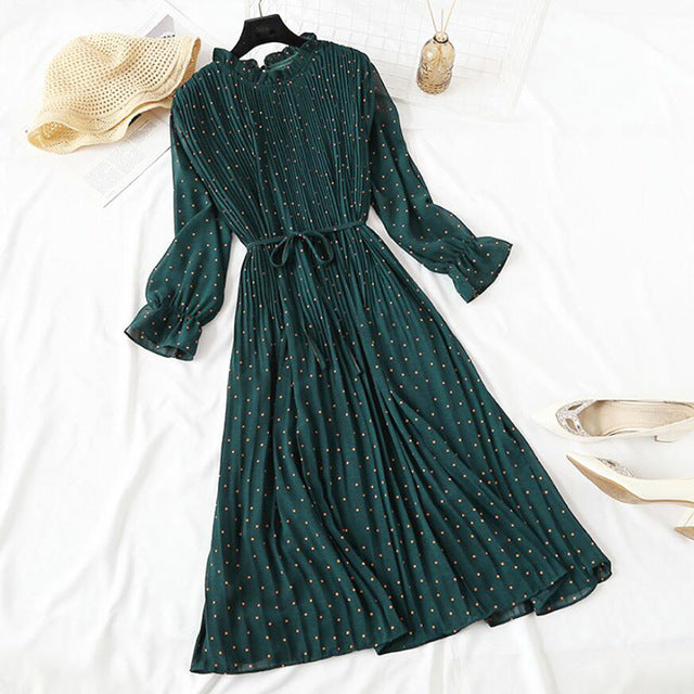 Elegant Polka Dot Women Dress - Vintage A-Line Chiffon Dress with Flare Sleeves