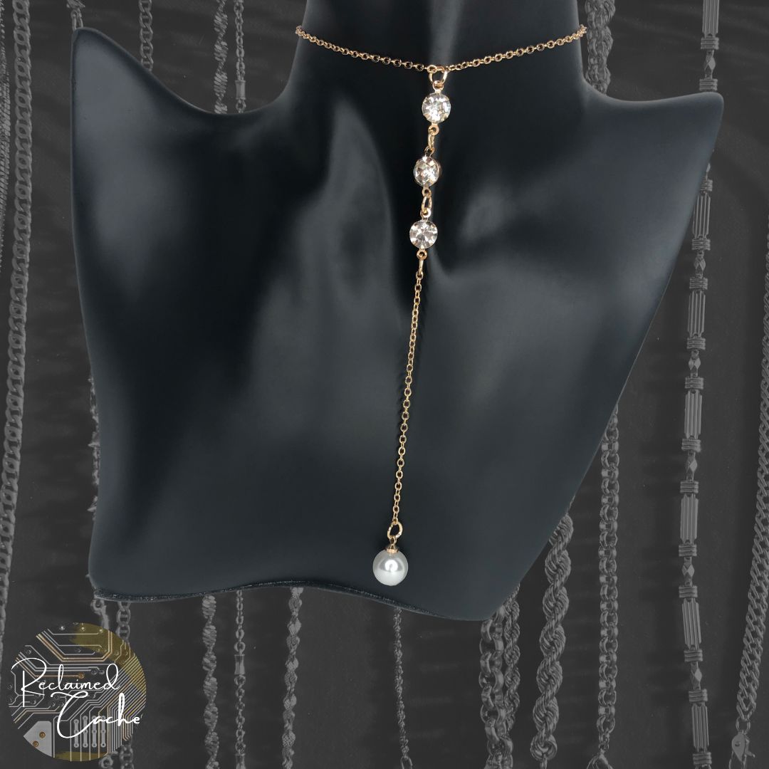 Gold Rhinestone and Pearl Y Necklace