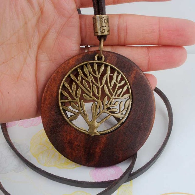 Vintage Wooden Pendant Necklace for Women - Life Tree Design