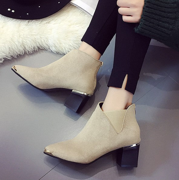 Women's PU Leather Square-Heeled Ankle Boots with Metal Decorations for Autumn/Winter